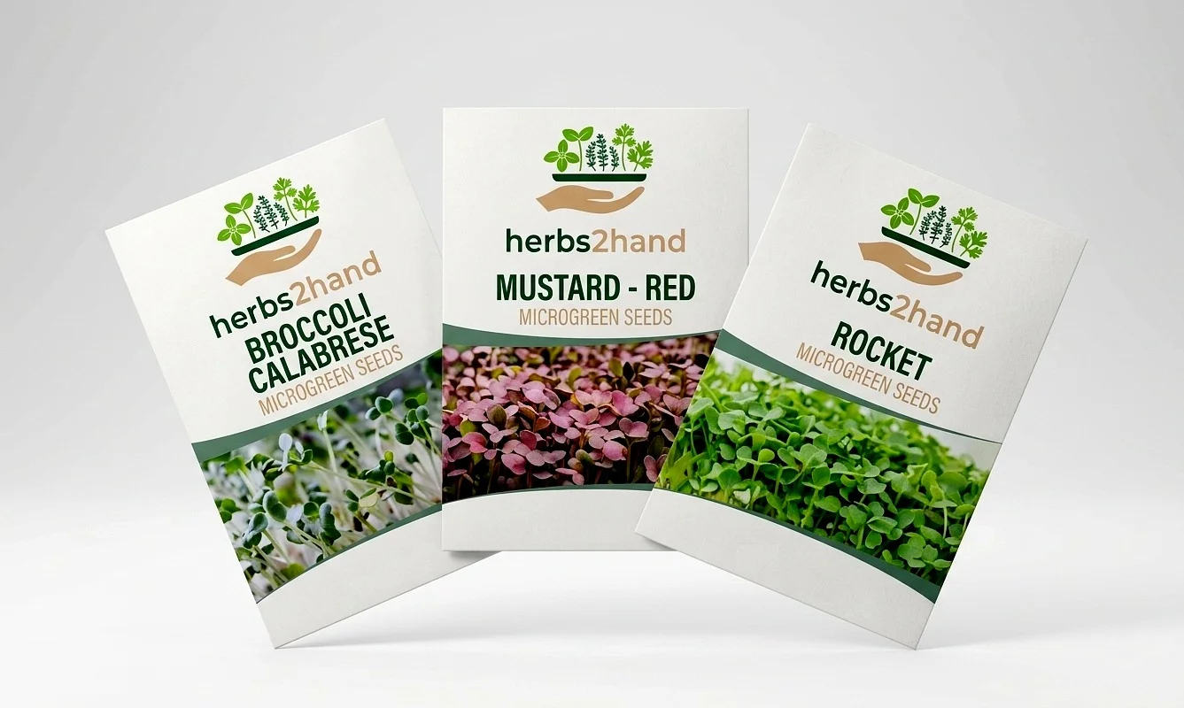 Herbs2hand Grow Pack — Broccoli Calabrese, Mustard Red and Rocket microgreen seed packets