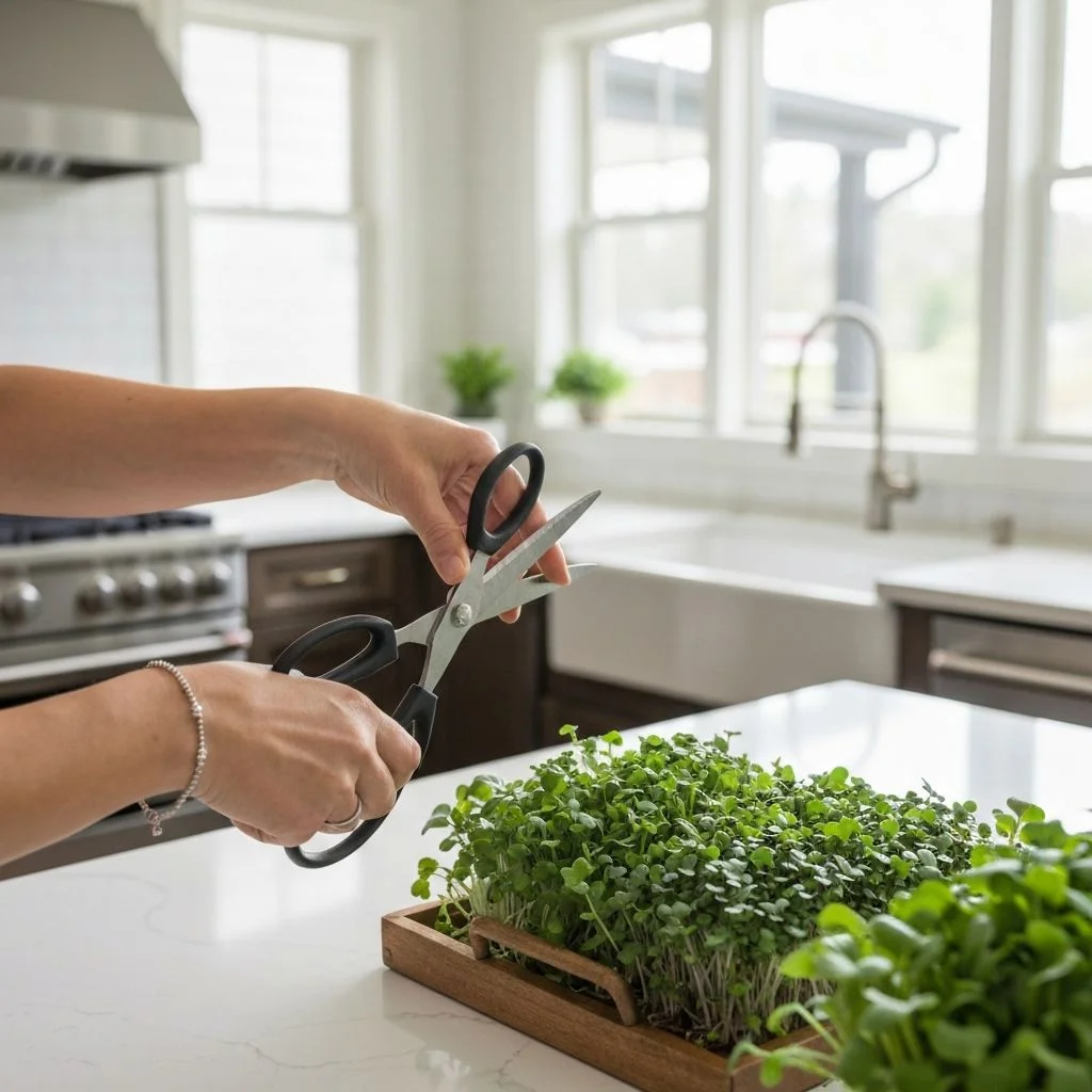 Harvesting microgreens with scissors