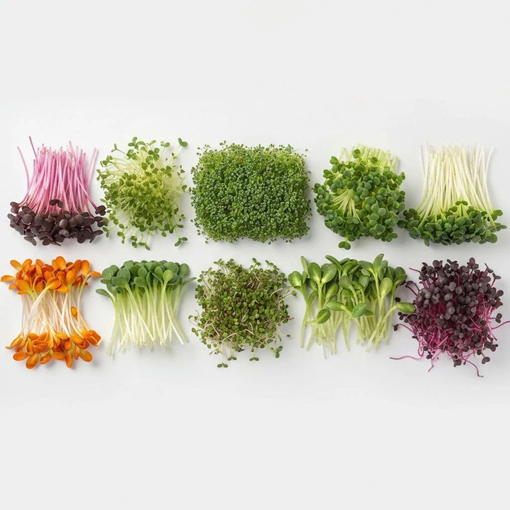 Variety of microgreens — rocket, basil, red mustard